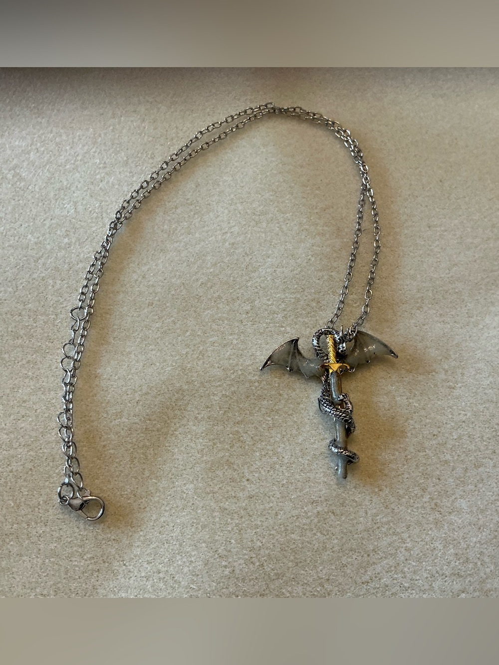 Dragon Sword Pendant Necklace in Gunmetal with Gold Accent